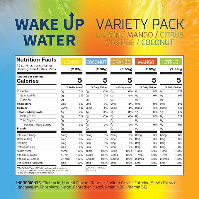 Wake Up Water - Energy + Hydration Sugar Free 15 Packet, Variety Pack - Energy Drink Powder, Electrolytes Powder Drink, Natural Caffeine Mix Packet, B Vitamins, 5 Calories, Gluten Free - .10 oz (2.9g)