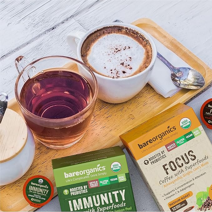 BareOrganics 13180 Focus Coffee with Superfoods, Organic Probiotic Coffee, 10 Single Serve Cups