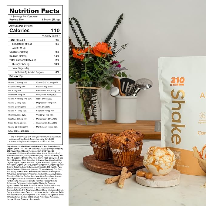 310 Nutrition - All In One Meal Replacement Shake - Superfood Blend with Fiber - Natural Sweeteners - Low Carb Shake, Keto & Paleo Friendly (Caramel Sundae, 14 Servings)