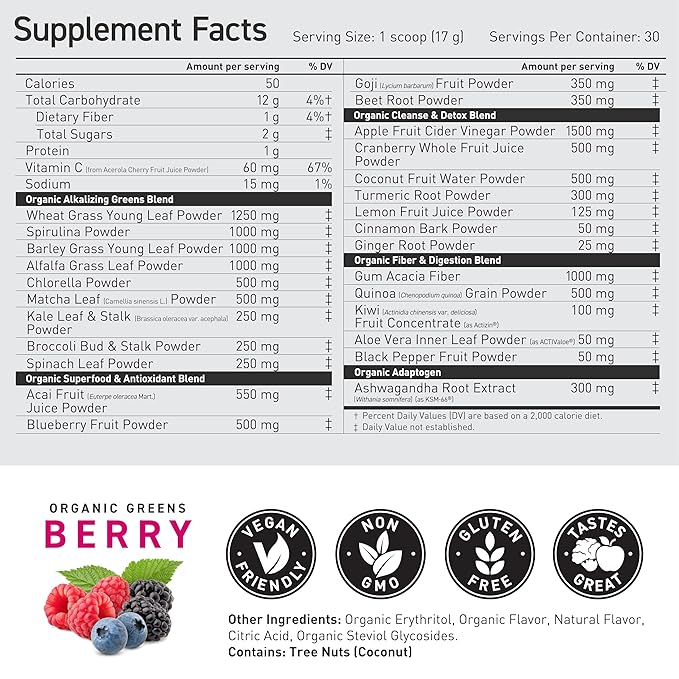 Kaged Organic Greens Superfood Powder, Outlive100 Berry, Supergreens, Apple Cider Vinegar, Ashwagandha, 30 Servings