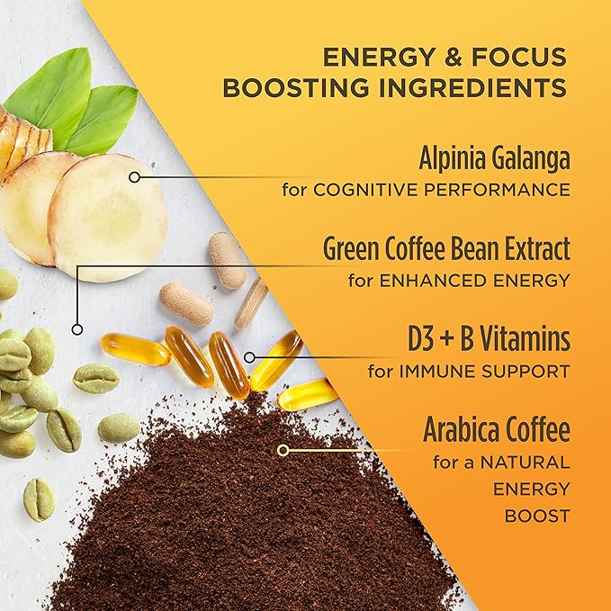 VitaCup Lightning Coffee Pods, for Focus w/ 2X Caffeine, Green Coffee Bean, B Vitamins, D3, Strong Dark Roast Coffee, Single Serve Pod Compatible with Keurig K-Cup Brewers, 64 Ct (4 packs of 16 ct)