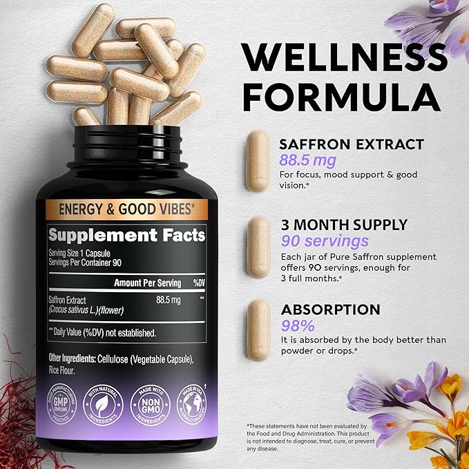 Natural Saffron Supplements 88.5 mg 90 Powder 3 Month