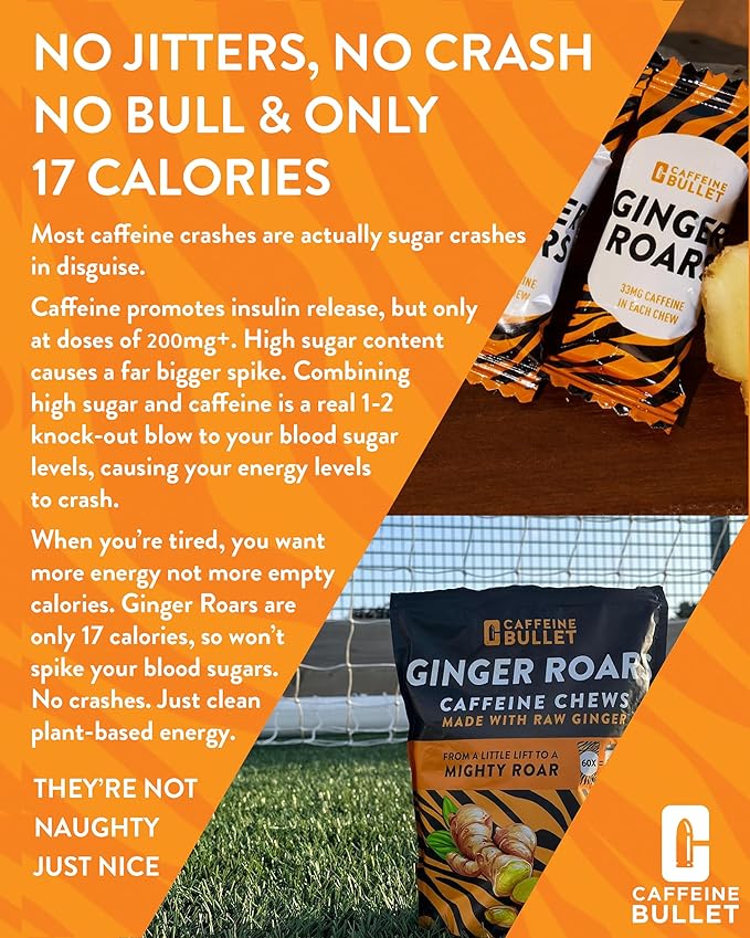 Ginger Roars - Caffeine Chews - 36 Servings Each 33mg with a Delicious Natural Flavour & Fiery hint. Plant Based Energy Shots, a Vegan Healthy Snack for Adults.