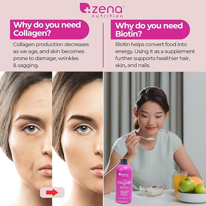 Zena Nutrition Liquid Collagen Peptide + Biotin 2500mg Verisol 5000mcg Biotin 60 Servings, 20.3 FL