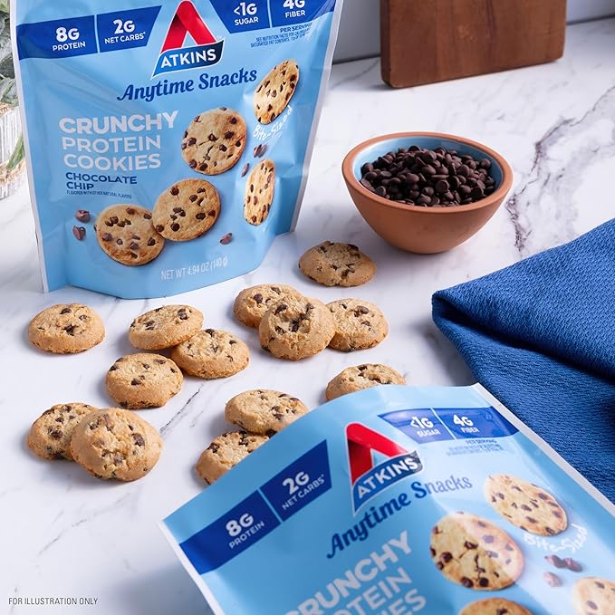 Atkins Bite-Sized Crunchy Protein Cookies, Chocolate Chip, 8g Protein, 4g Fiber, 1g Net Carb, 1g Sugar, Keto Friendly, 3 Bags (5 Servings Per Bag)