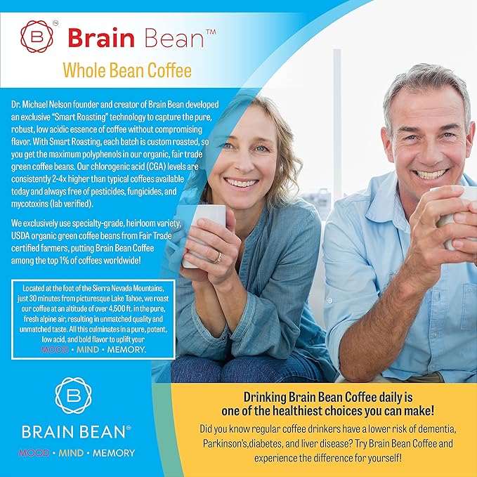 Brain Bean Organic Coffee - Smooth Taste, Antioxidant Rich & Fair Trade - Whole Bean Medium Roast 16 Oz (3 Pack)