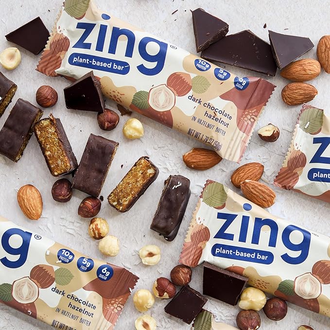 Zing Dark Chocolate Hazelnut Vegan Protein Bars, Gluten Free with High Protein, High Fiber, Dairy Free Nutrition Bars, Plant Based Protein, Kosher, Low Sugar, No Sugar Alcohols - 12 count
