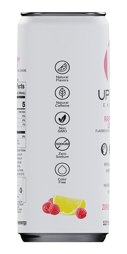UPTIME Energy Drink, Raspberry Lemon Sparkling, 12 Pack, Vitamin C, L Theanine, Calcium, Sugar Free Energy Drinks for Focus Support, 142mg of Natural Caffeine, 5 Calories, Natural, 12 fl oz Cans