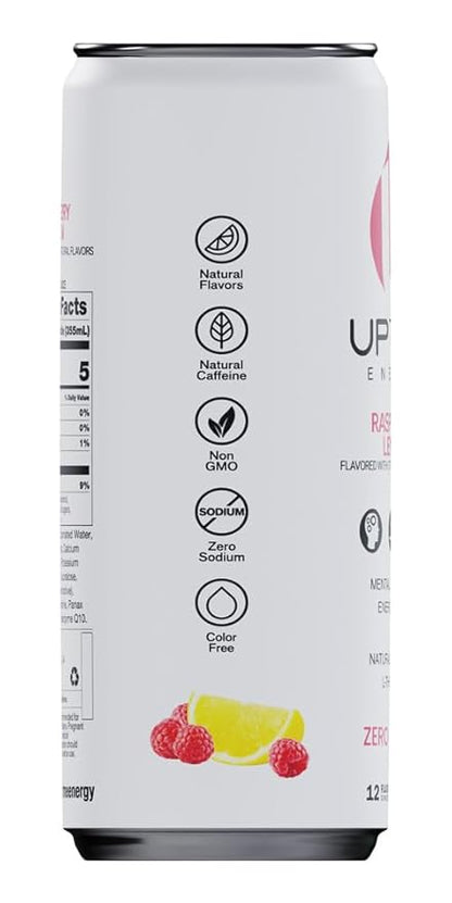 UPTIME Energy Drink, Raspberry Lemon Sparkling, 12 Pack, Vitamin C, L Theanine, Calcium, Sugar Free Energy Drinks for Focus Support, 142mg of Natural Caffeine, 5 Calories, Natural, 12 fl oz Cans