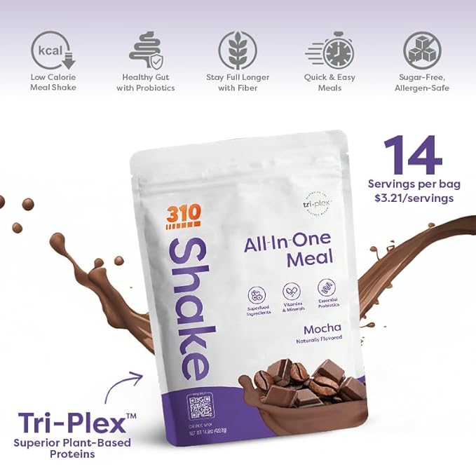 310 Nutrition Meal Replacement Shake - Fiber-Rich Superfood Blend - Low Carb, Keto & Paleo Friendly, Gluten-Free, 26 Essential Vitamins & Minerals, Natural Sweeteners - Mocha, 14 Servings
