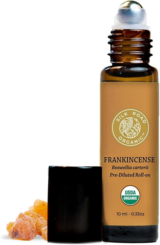 Organic Frankincense Carterii Essential Oil Roll On, 100% Pure USDA Certified Aromatherapy for Radiant Skin, Body Aches, Stress Relief, & Calm - 10 ml Roller by Silk Road Organic