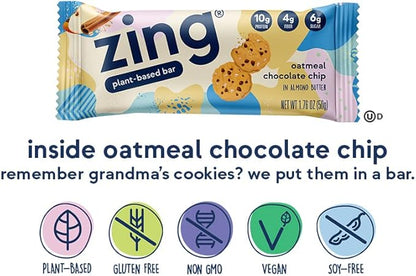 Zing Oatmeal Chocolate Chip Vegan Protein Bars, Gluten Free with High Protein, High Fiber, Dairy Free Nutrition Bars, Plant Based Protein, Kosher, Low Sugar, No Sugar Alcohols - 12 count