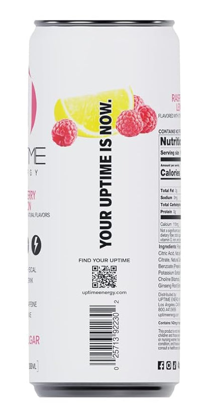 UPTIME Energy Drink, Raspberry Lemon Sparkling, 12 Pack, Vitamin C, L Theanine, Calcium, Sugar Free Energy Drinks for Focus Support, 142mg of Natural Caffeine, 5 Calories, Natural, 12 fl oz Cans