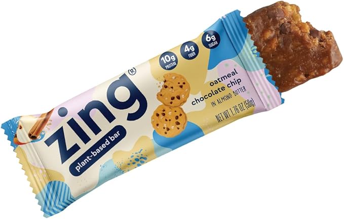 Zing Oatmeal Chocolate Chip Vegan Protein Bars, Gluten Free with High Protein, High Fiber, Dairy Free Nutrition Bars, Plant Based Protein, Kosher, Low Sugar, No Sugar Alcohols - 12 count