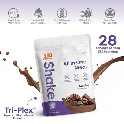 310 Nutrition All-In-One Meal Replacement Shake - Fiber-Rich Superfood Blend with Natural Sweeteners - Low Carb, Keto & Paleo Friendly, Gluten-Free, 26 Essential Vitamins & Minerals, Mocha, 28 Servings