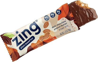 Zing Dark Chocolate Peanut Butter Vegan Protein Bars, Gluten Free with High Protein, High Fiber, Dairy Free Nutrition Bars, Plant Based Protein, Kosher, Low Sugar, No Sugar Alcohols - 12 count