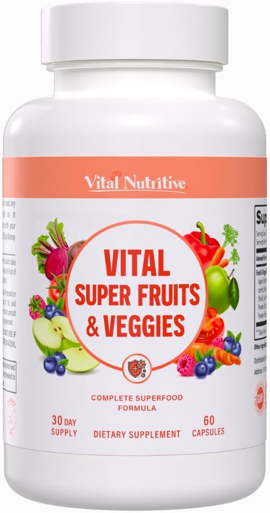 Vital Super Fruits & Veggies - Daily Superfood Capsules for Adults - Fruit and Veggies Supplement to Boost Immunity & Energy - 2-in-1 Formula for Overall Wellness - Fruit and Vegetable Capsules