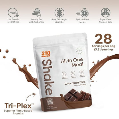 310 Nutrition All-In-One Meal Replacement Shake - Fiber-Rich Vegan Superfood Blend with Natural Sweeteners - Low Carb, Keto & Paleo Friendly, Gluten-Free, 26 Essential Vitamins & Minerals, Chocolate Bliss, 28 Servings
