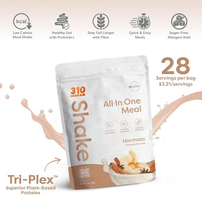 310 Nutrition All-In-One Meal Replacement Shake - Fiber-Rich Vegan Superfood Blend with Natural Sweeteners - Low Carb, Keto & Paleo Friendly, Gluten-Free, 26 Essential Vitamins & Minerals, Horchata, 28 Servings
