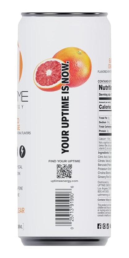 UPTIME Energy Drink, Blood Orange Sparkling, 12 Pack, Vitamin C, L Theanine, Calcium, Sugar Free Energy Drinks for Focus Support, 142mg of Natural Caffeine, 0 Calories, Clean, Natural, 12 fl oz Cans
