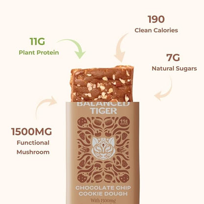 Organic Functional Mushroom Vegan Protein Bars | Made in USA | Full Dose (1500mg) Lions Mane, Chaga, Reishi & Cordyceps Bars | Plant Protein Bars w/ Adaptogens & Superfoods | Chocolate Chip Cookie Dough