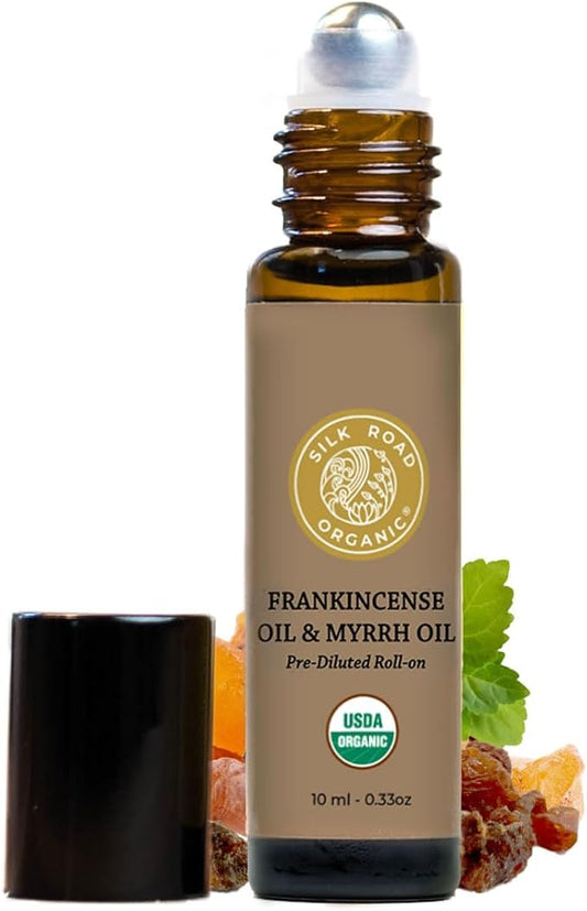 Organic Frankincense Oil & Myrrh Essential Oil Roll On, 100% Pure USDA Certified Aromatherapy for Body Aches, Stiffness & Tingling, Stress Relief, & Skin - 10 ml Roller by Silk Road Organic