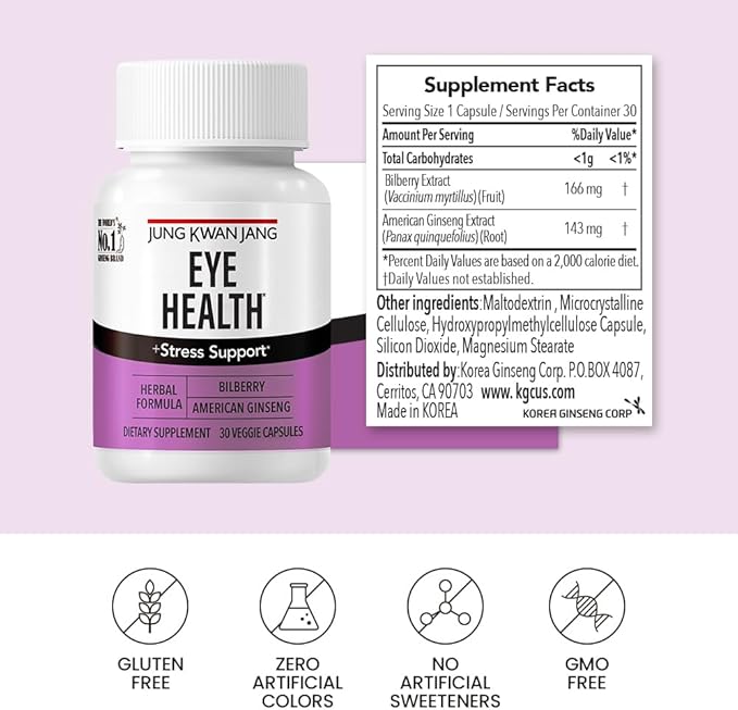 JungKwanJang Eye Health Support with Bilberry (166mg) and (143mg) for 30 Capsules