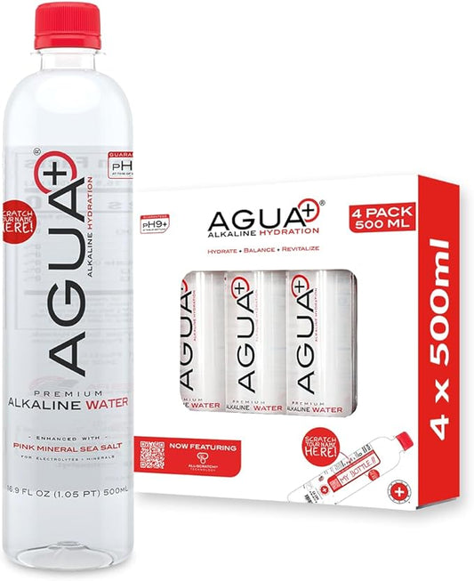 Agua Plus pH9+ Alkaline Water Bottles - 16.9 fl (500mL) oz Drinking Water Bottles - Enhanced with Pink Mineral Sea Salt for Electrolytes and Minerals - Recycled Plastic and USA Made Water Bottles - 4 Pack