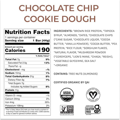 Organic Functional Mushroom Vegan Protein Bars | Made in USA | Full Dose (1500mg) Lions Mane, Chaga, Reishi & Cordyceps Bars | Plant Protein Bars w/ Adaptogens & Superfoods | Chocolate Chip Cookie Dough