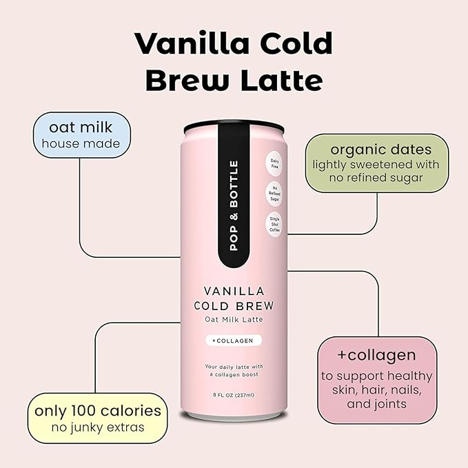 Pop & Bottle, Vanilla and Matcha Oat Milk Lattes - Reishi and Maitake Mushrooms, Green Tea, Cold Brew, Marine Collagen, MCT Oil, Organic, Dairy & Gluten Free, Vegan - 8 Fl Oz, (Pack of 12), 6 Each