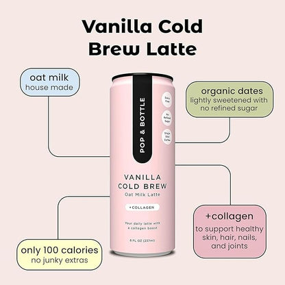 Pop & Bottle, Vanilla and Matcha Oat Milk Lattes - Reishi and Maitake Mushrooms, Green Tea, Cold Brew, Marine Collagen, MCT Oil, Organic, Dairy & Gluten Free, Vegan - 8 Fl Oz, (Pack of 12), 6 Each