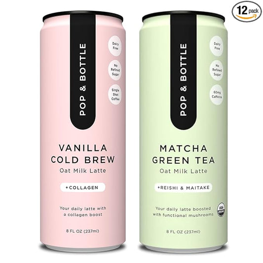 Pop & Bottle, Vanilla and Matcha Oat Milk Lattes - Reishi and Maitake Mushrooms, Green Tea, Cold Brew, Marine Collagen, MCT Oil, Organic, Dairy & Gluten Free, Vegan - 8 Fl Oz, (Pack of 12), 6 Each