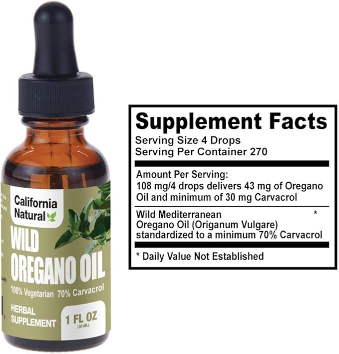 Wild Oregano Oil 1oz Bottle - California Natural - Immune System & Digestive Support - Promote Gut Health & Healthy Digestion - 100% Vegetarian - 70% Carvacrol - Herbal Supplement - 1oz
