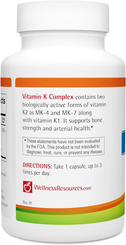Wellness Resources Vitamin K Complex 600 mcg K2 (as MK-4 and MK-7) and 1000 mcg K1 for (90 capsules)