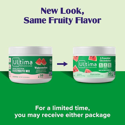 Ultima Replenisher Daily Electrolyte Powder Drink Mix – Watermelon, 30 Servings – Hydration Powder with 6 Key Electrolytes and Trace Minerals – Keto Friendly, Vegan, Non-GMO and Sugar-Free