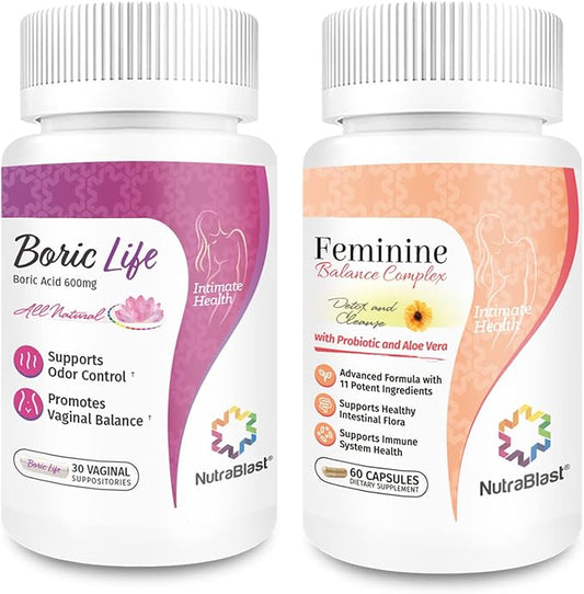 NutraBlast Boric Acid Vaginal Suppositories 600mg (30 Count) Bundle with Feminine Balance Complex (60 Capsules) | Vaginal Detox & Cleanse | Supports Healthy Intestinal Flora & Immune System