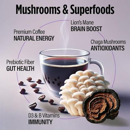 VitaCup Focus Mushroom Instant Coffee | For Memory & Clarity Support | with Fiber, Chaga, Lion’s Mane | D3 & B Vitamins | Medium Roast 100% Arabica & Robusta Instant Coffee | 2 Bags, 60 Servings
