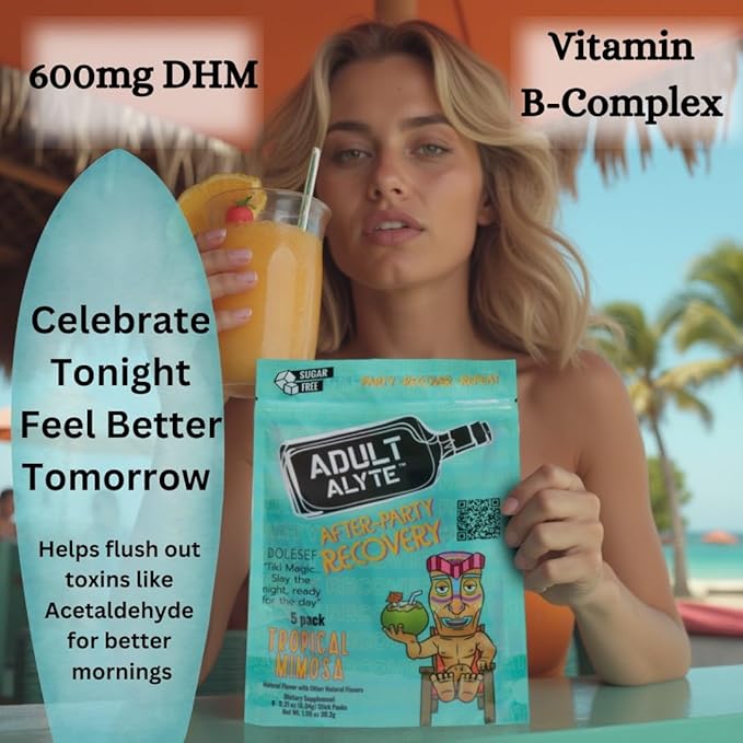 After Alcohol Aid Wellness Vitamins I Restore Better Mornings I Dihydromyricetin DHM & B Vitamins Complex I Antioxidants Supplement and Liver Support I 5 Powder Stick Drink Packets I Tropical Mimosa