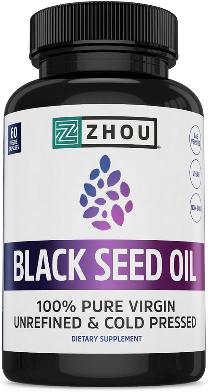 Zhou Nutrition Black Seed Oil Capsules, 100% Virgin, Cold Pressed Source of Omega 3 6 9, Super Antioxidant for Immune Support, Joints, Digestion, Hair & Skin, 60 Caps