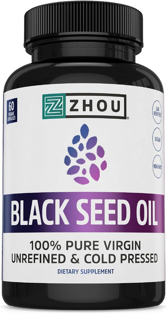 Zhou Nutrition Black Seed Oil Capsules, 100% Virgin, Cold Pressed Source of Omega 3 6 9, Super Antioxidant for Immune Support, Joints, Digestion, Hair & Skin, 60 Caps