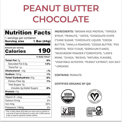 Organic Functional Mushroom Vegan Protein Bars | Made in USA | Full Dose (1500mg) Lions Mane, Chaga, Reishi & Cordyceps Bars | Plant Protein Bars w/ Adaptogens & Superfoods | Peanut Butter Chocolate Flavor