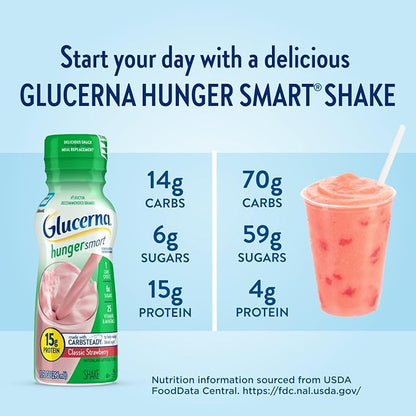 Glucerna Hunger Smart Shake, Diabetic Drink to Support Blood Sugar Management, 15g Protein, 180 Calories, Classic Strawberry, 10-fl-oz Bottle, 24 Count