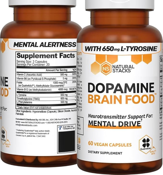 NATURAL STACKS Dopamine Brain Food - 650mg L-Tyrosine Supplement - Dopamine Supplement for Focus & Mental Drive - Supports Mental Energy - Neurotransmitter Support with B Vitamins - 60 Capsules