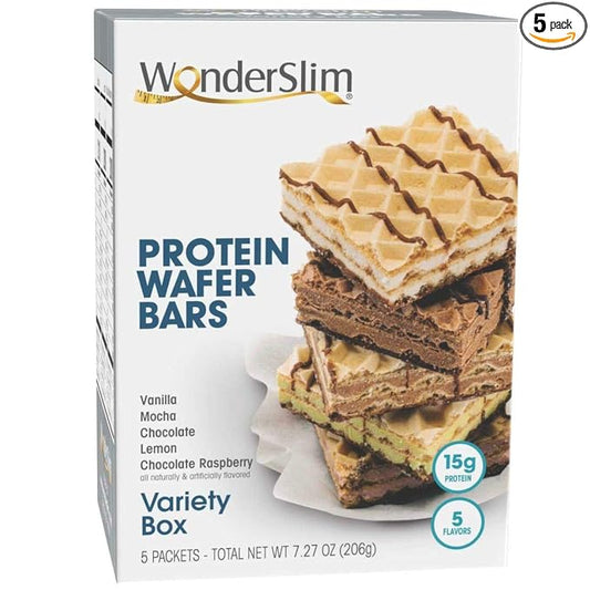 WonderSlim Protein Wafer Snack Bar, Variety Pack, 15g Protein, 5 Flavors, 0mg Cholesterol (5ct)