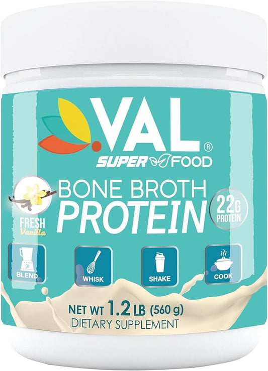 VAL Chicken Bone Broth Powder Protein, 22g Protein, 12g Collagen, 8g Inulin, Pea Protein & MCT Oil, Supports Healthy Skin, Gut Health, Joint Supplement, Gluten Free, 16 Servings