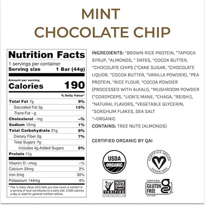 Organic Functional Mushroom Vegan Protein Bars | Made in USA | Full Dose (1500mg) Lions Mane, Chaga, Reishi & Cordyceps Bars | Plant Protein Bars w/ Adaptogens & Superfoods | Mint Chocolate Chip Flavor