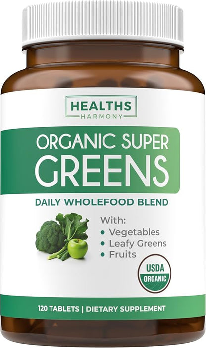 USDA Organic Greens Powder (120 Tablets) Convenient Pills - Complete Superfood Supplement with 28 Fruits & Vegetables - Super Antioxidants, Energy, Gut Health, and Immune Support (No Capsules)