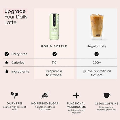 Pop & Bottle, Vanilla and Matcha Oat Milk Lattes - Reishi and Maitake Mushrooms, Green Tea, Cold Brew, Marine Collagen, MCT Oil, Organic, Dairy & Gluten Free, Vegan - 8 Fl Oz, (Pack of 12), 6 Each