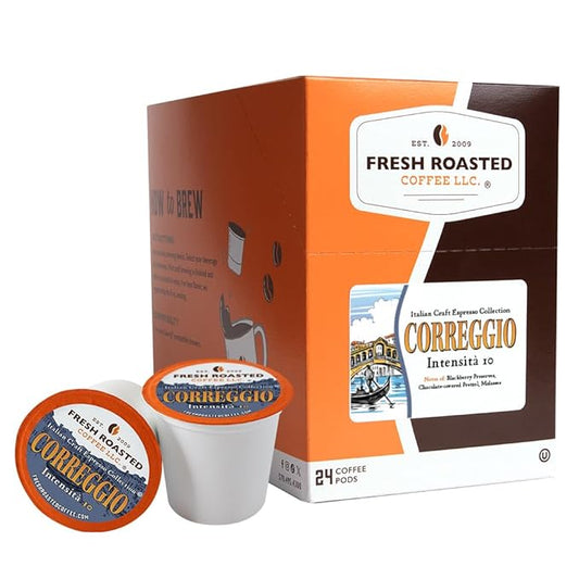Fresh Roasted Coffee, Correggio Italian Craft Artisan Blend, Dark Roast, Kosher, 24 Pods for K cup Brewers
