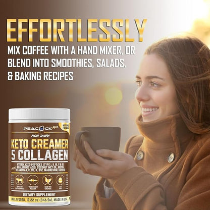 Peacock Max Collagen Keto Creamer Powder, Coconut MCT, Peptides, Unflavored, Hydrolyzed, B12, Magnesium (48.88 oz (Pack of 4))